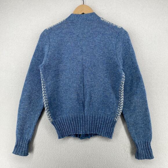 DACRON Sweater Womens M Cardigan Shetland Chevron Button Front Blue ENGLAND Vtg - Picture 2 of 11
